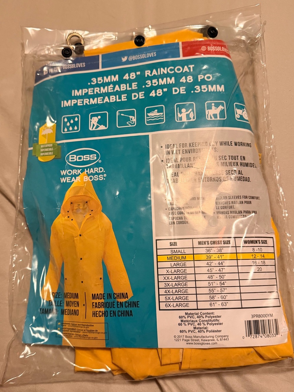 Boss Yellow Men's Hooded Raincoat - Packaged Waterproof Coat
